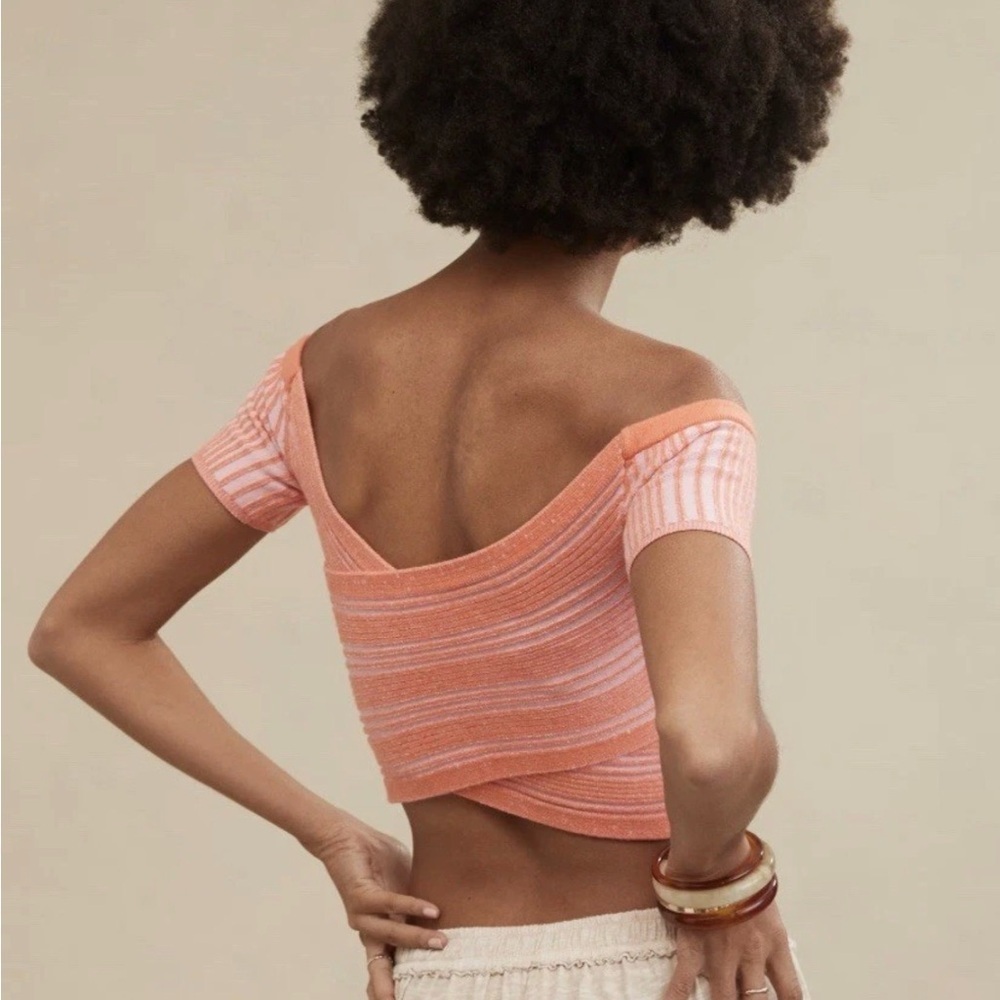 Aerie Peach Striped Off-Shoulder Crop Top - Picture 3 of 11